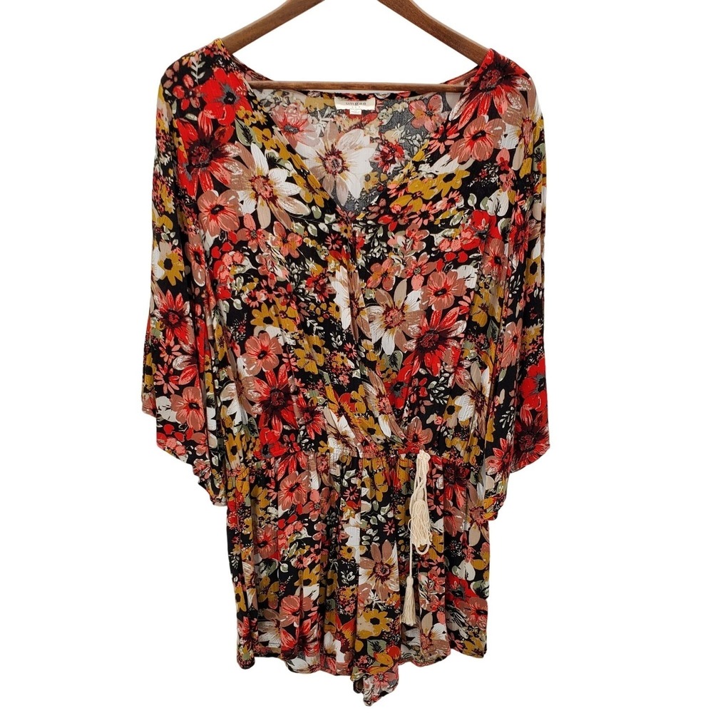 Umgee Womens M Floral V-Neck Kimono Sleeve‎ Tassel Tie Romper Boho Festival